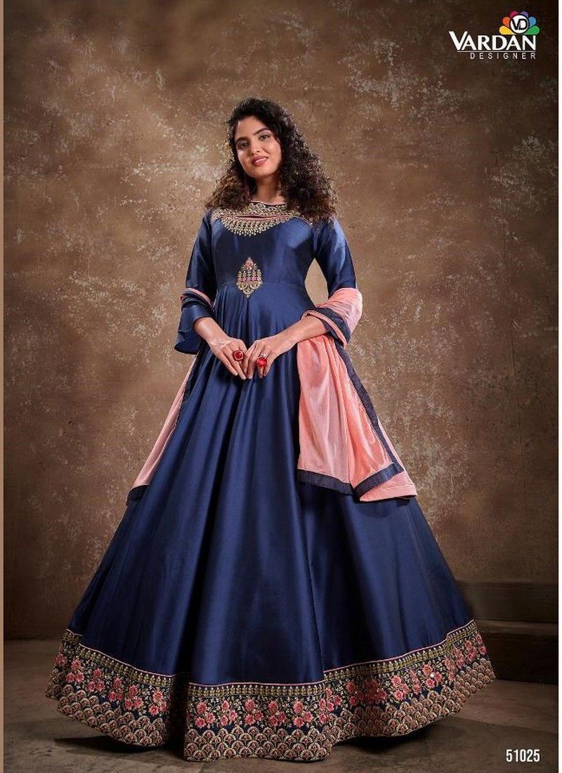 Blue Colour Latest Fancy Designer Wedding Wear Silk With Heavy Embroidery Inner Stiched Gown Collection 51025